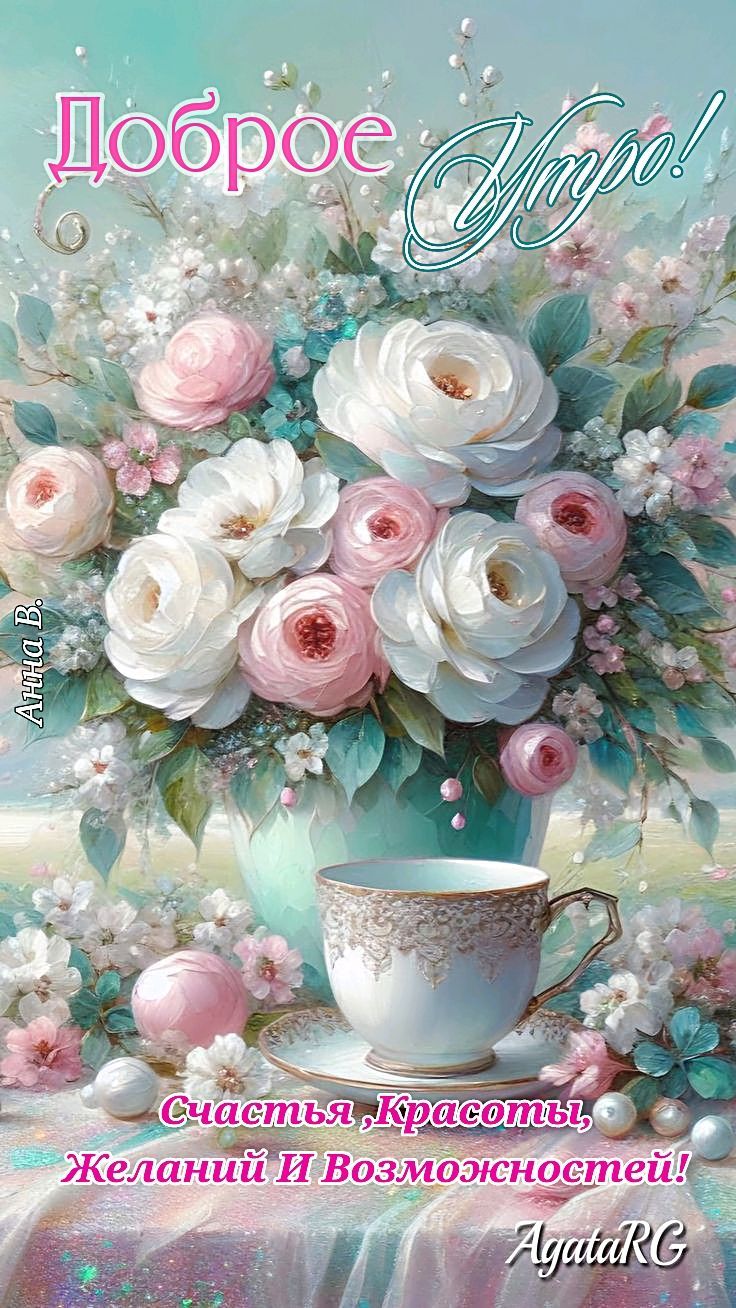 Открытка «С добрым утром»: Нежное доброе утро с цветами и пожеланиями. Тэги: хорошего дня, пожелание, позитивная…