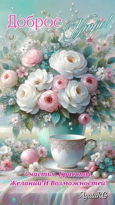 Открытка «С добрым утром»: Нежное доброе утро с цветами и пожеланиями. Тэги: хорошего дня, пожелание, позитивная…