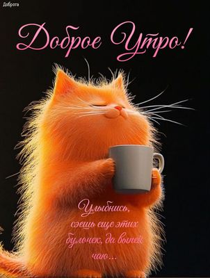 Открытка «С добрым утром»: Пушистое Доброе Утро: улыбка, чай и булочки. Тэги: кот, животное, пожелание, позитивная…
