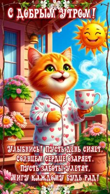 Открытка «С добрым утром»: Солнечное доброе утро с котом и чашкой кофе. Тэги: кот, животное, пожелание, улыбка, утро…