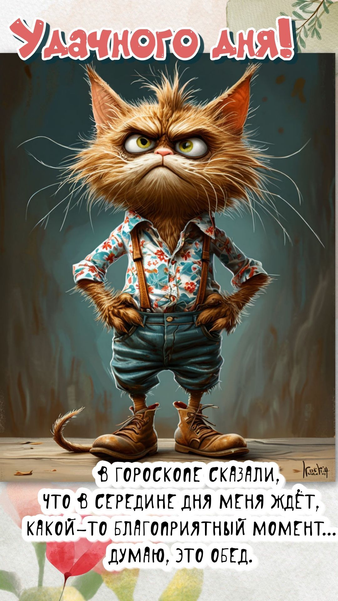 Открытка «Добрый день»: Удачного дня! Кот-ворчун и гороскоп про обед. Тэги: проза, Добрый день и добрые пожелания…