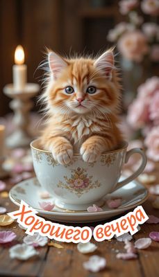 Открытка «Добрый вечер и пожелания»: Добрый вечер: Рыжий котенок в чашке желает уюта. Тэги: Прикольный добрый вечер…