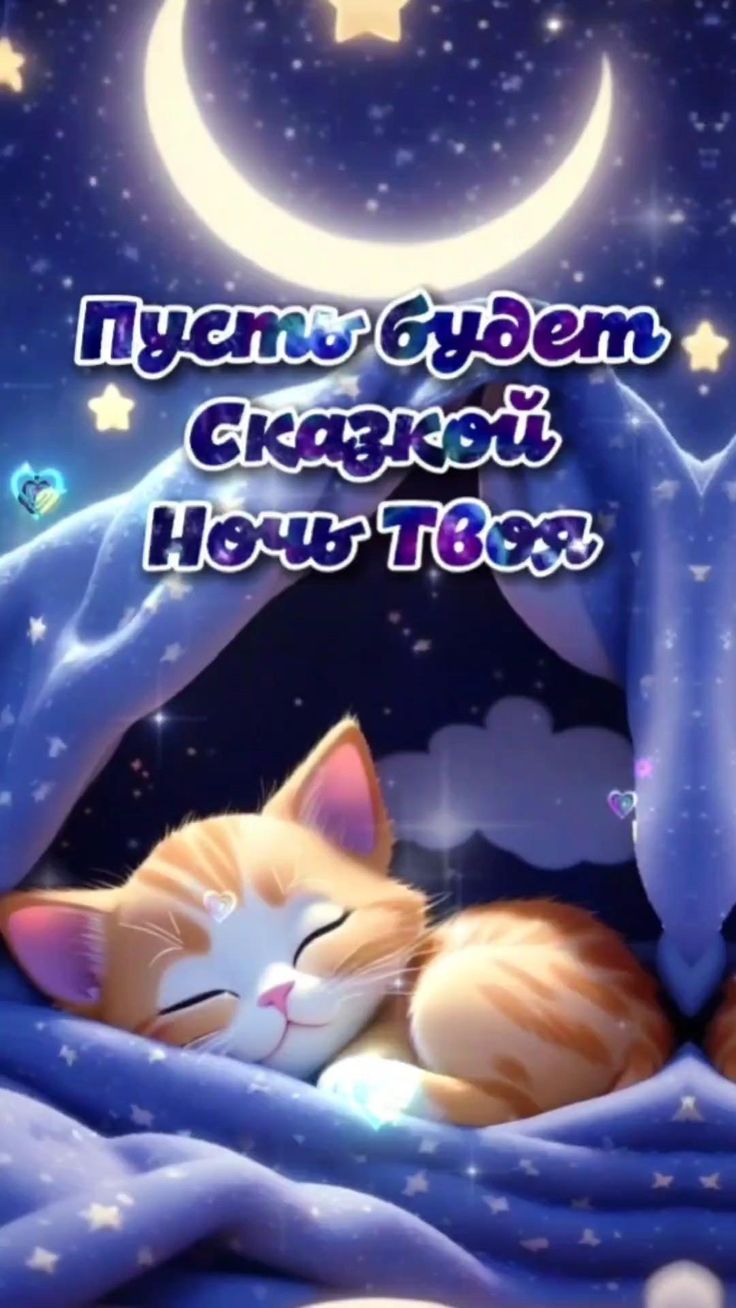 Открытка «Доброй ночи»: Доброй ночи: милый котенок и сказочные сны. Тэги: Спокойной ночи, Спокойной ночи, с пожелания…