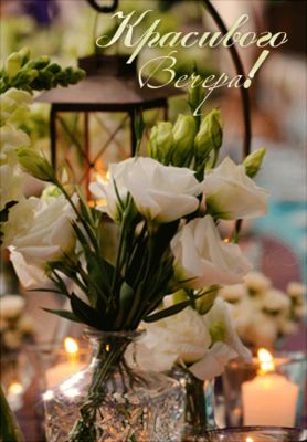 Открытка «Добрый вечер и пожелания»: Добрый вечер: букет белых эустом и уютные свечи. Тэги: Доброго вечера и хорошего…