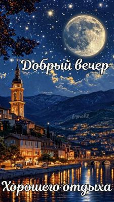 Открытка «Добрый вечер и пожелания»: Добрый вечер и хорошего отдыха: лунная ночь в горах. Тэги: Добрый вечер красивые…