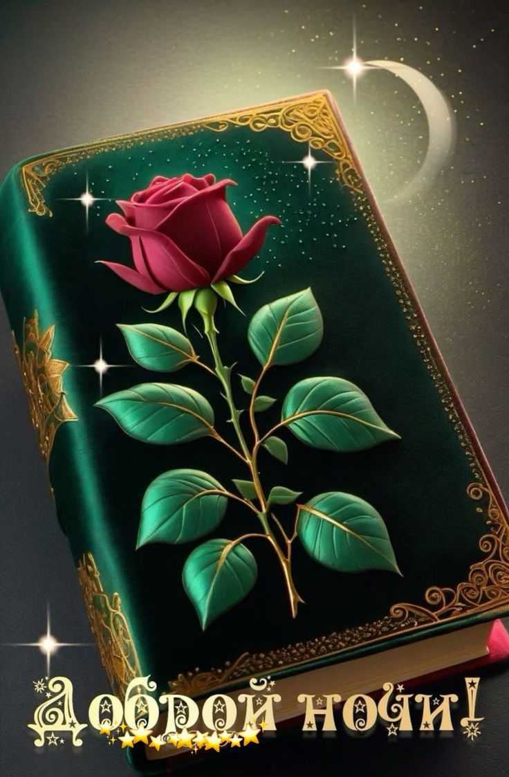 Открытка «Доброй ночи»: Спокойной и доброй ночи: «Роза на сказочной книге».