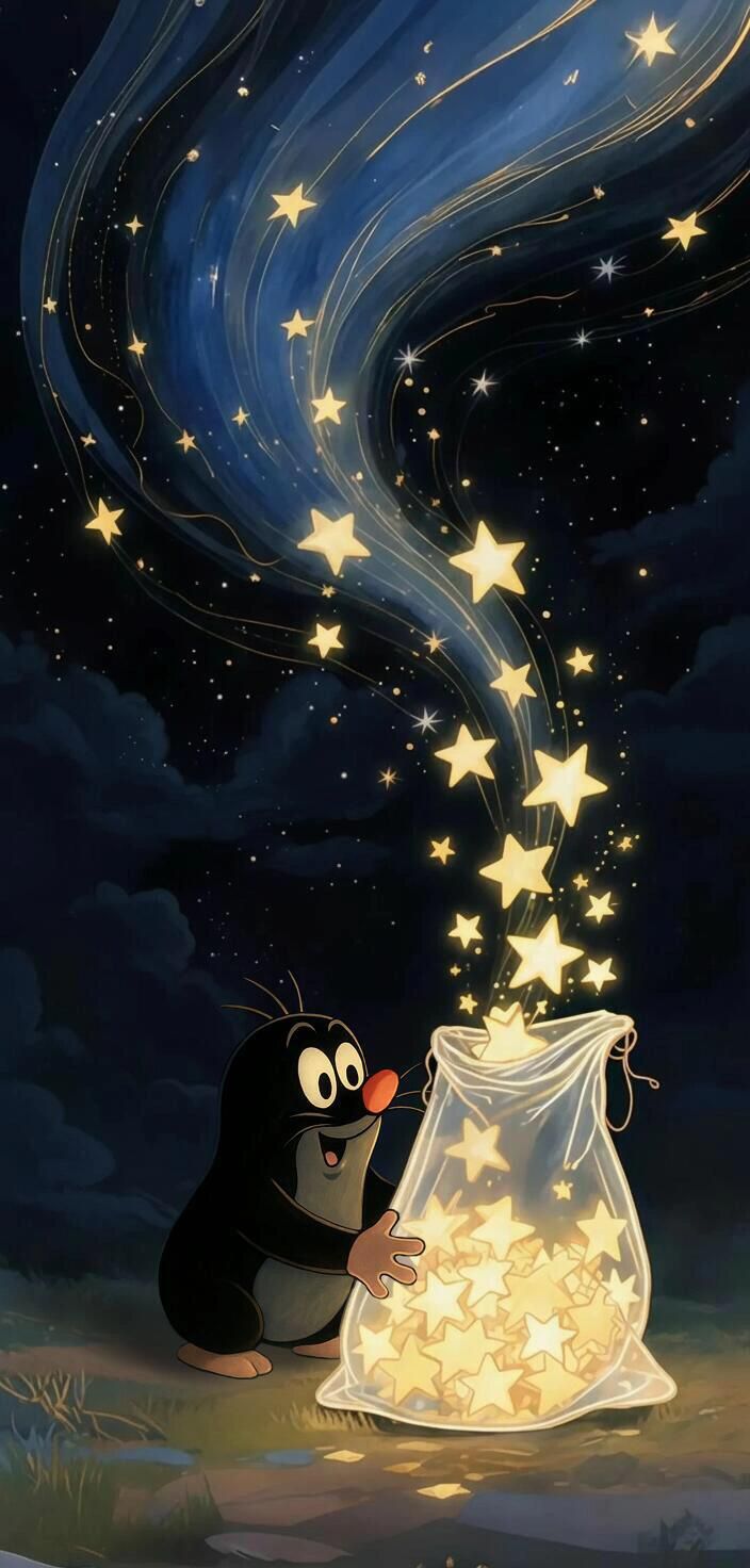 Открытка «Доброй ночи»: Доброй ночи: Крот собирает звезды в мешок. Тэги: Спокойной ночи, крот, Спокойной ночи, с поже…