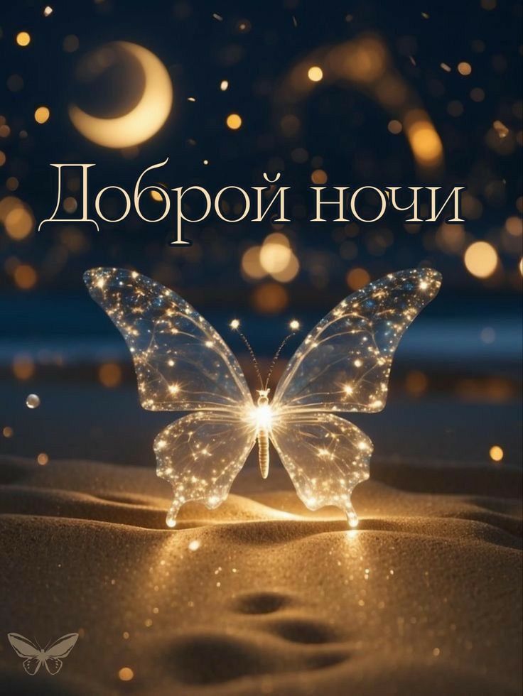 Открытка «Доброй ночи»: Доброй ночи: Волшебная бабочка и сияние звезд. Тэги: Спокойной ночи, Спокойной ночи, красивые…