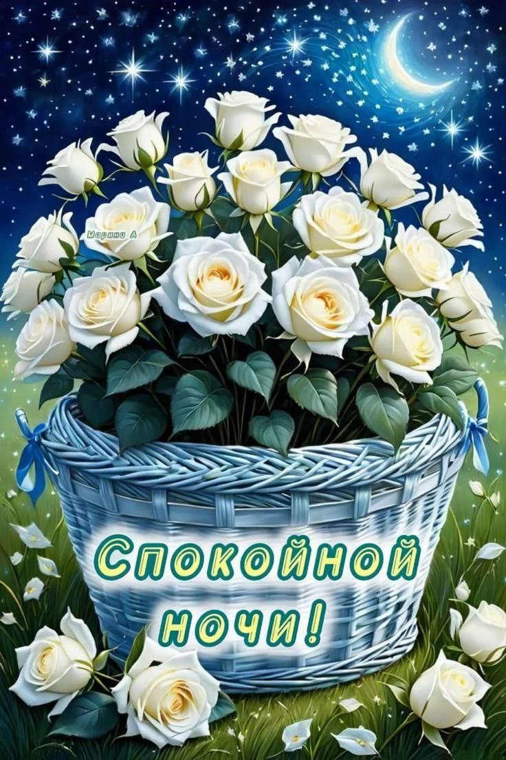 Открытка «Доброй ночи»: Доброй ночи: Белые розы в корзине под звездным небом. Тэги: Спокойной ночи, Спокойной ночи…