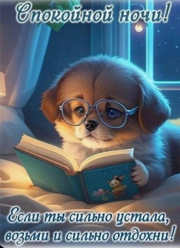 Открытка «Доброй ночи»: Спокойной ночи: «Умный щенок с книгой» для настроения. Тэги: Спокойной ночи, Для поднятия нас…