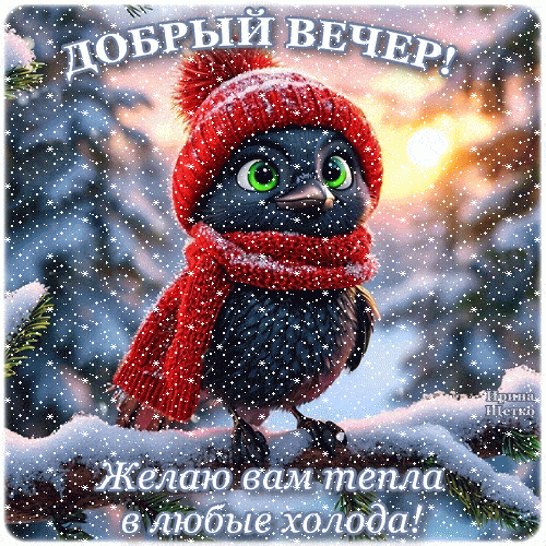 Открытка «Добрый вечер и пожелания»: Добрый вечер: милый совенок и пожелание тепла. Тэги: Добрый зимний вечер, Добрый…