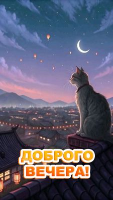 Открытка «Добрый вечер и пожелания»: Добрый вечер: Кот на крыше и волшебные огни. Тэги: Доброго вечера и хорошего нас…