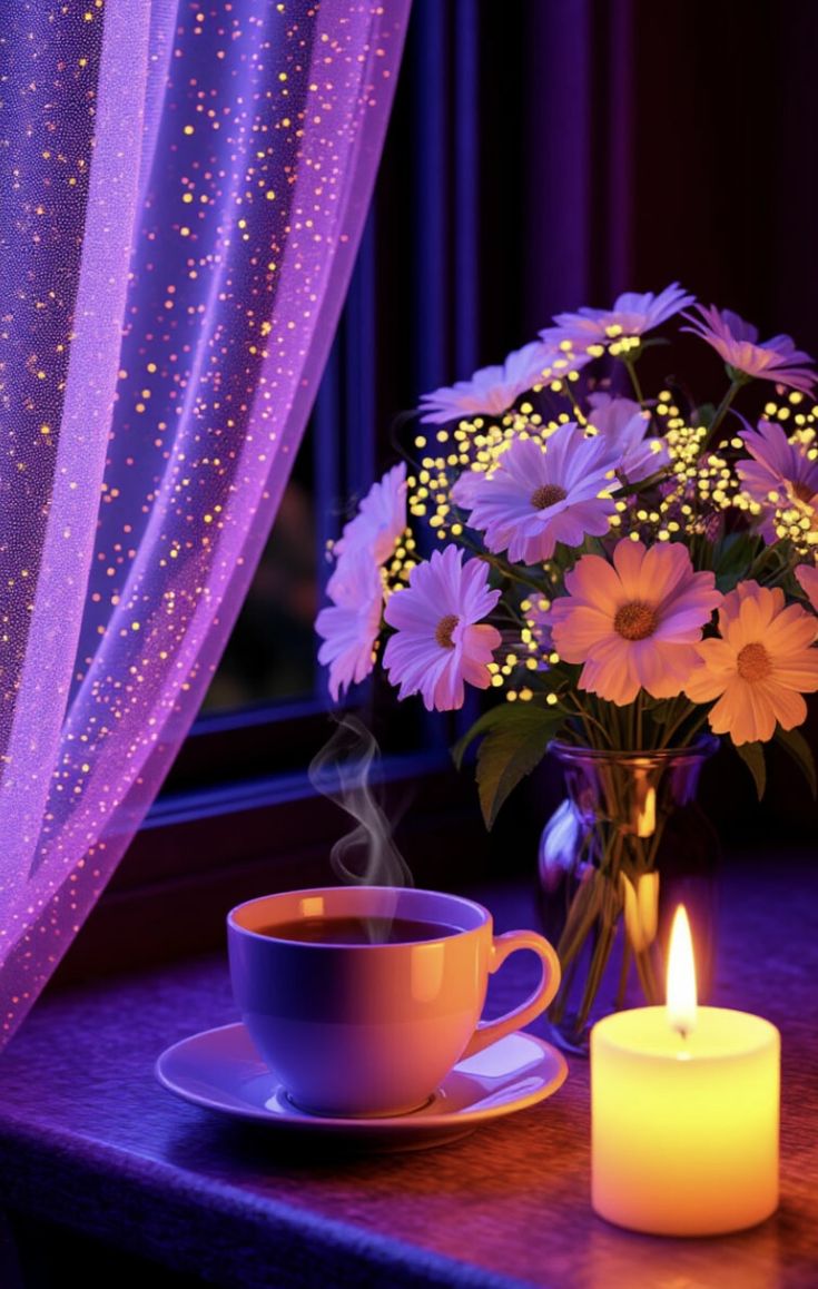 Открытка «Добрый вечер и пожелания»: Добрый вечер: чай и цветы в сиянии свечи. Тэги: Добрый вечер красивые, Доброго в…