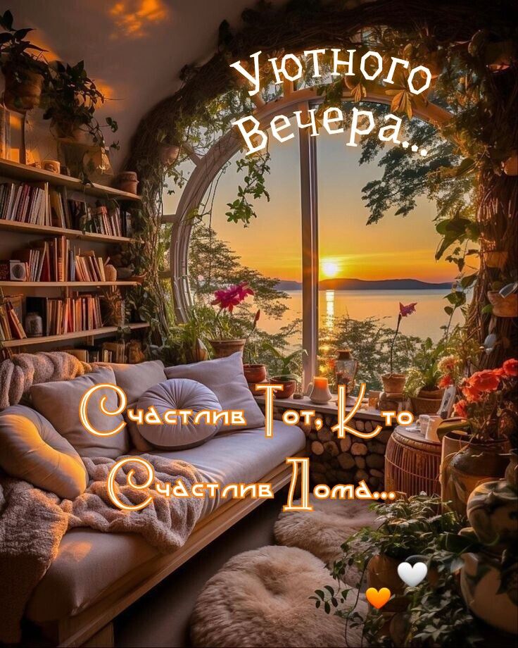 Открытка «Добрый вечер и пожелания»: Добрый вечер: «Счастливый дом» и закат у моря. Тэги: Доброго вечера и хорошего н…