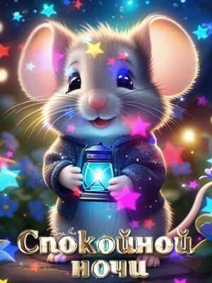 Открытка «Доброй ночи»: Спокойной ночи: милый мышонок со звездочками. Тэги: Спокойной ночи, Спокойной ночи, красивые…