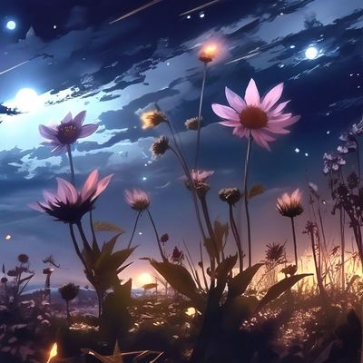 Открытка «Доброй ночи»: Спокойной ночи: «Волшебные цветы под сияющим небом».