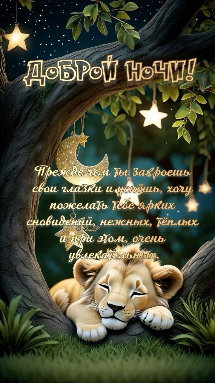 Открытка «Доброй ночи»: Спокойной ночи: «Сонный львенок под звездами». Тэги: Спокойной ночи, Спокойной ночи, красивые…
