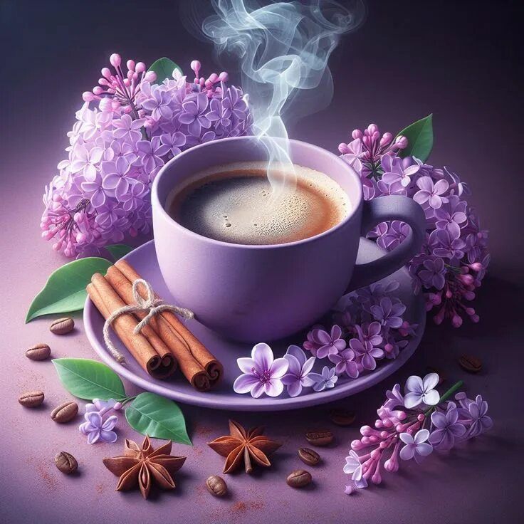 Открытка «С добрым утром»: С добрым утром: ароматный кофе с сиренью. Тэги: Добрый день, С добрым весенним утром…