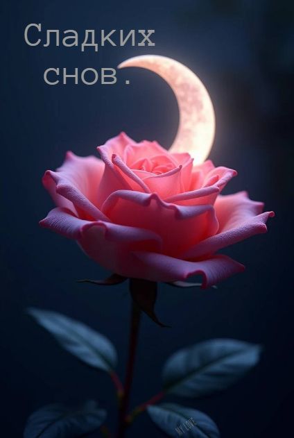 Открытка «Доброй ночи»: Доброй ночи и сладких снов: роза и полумесяц. Тэги: Спокойной ночи, Спокойной ночи, с пожелан…