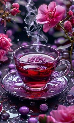 Открытка «С добрым утром»: С добрым утром: ароматный чай и розовые цветы. Тэги: С добрым утром, женщине, С добрым утр…