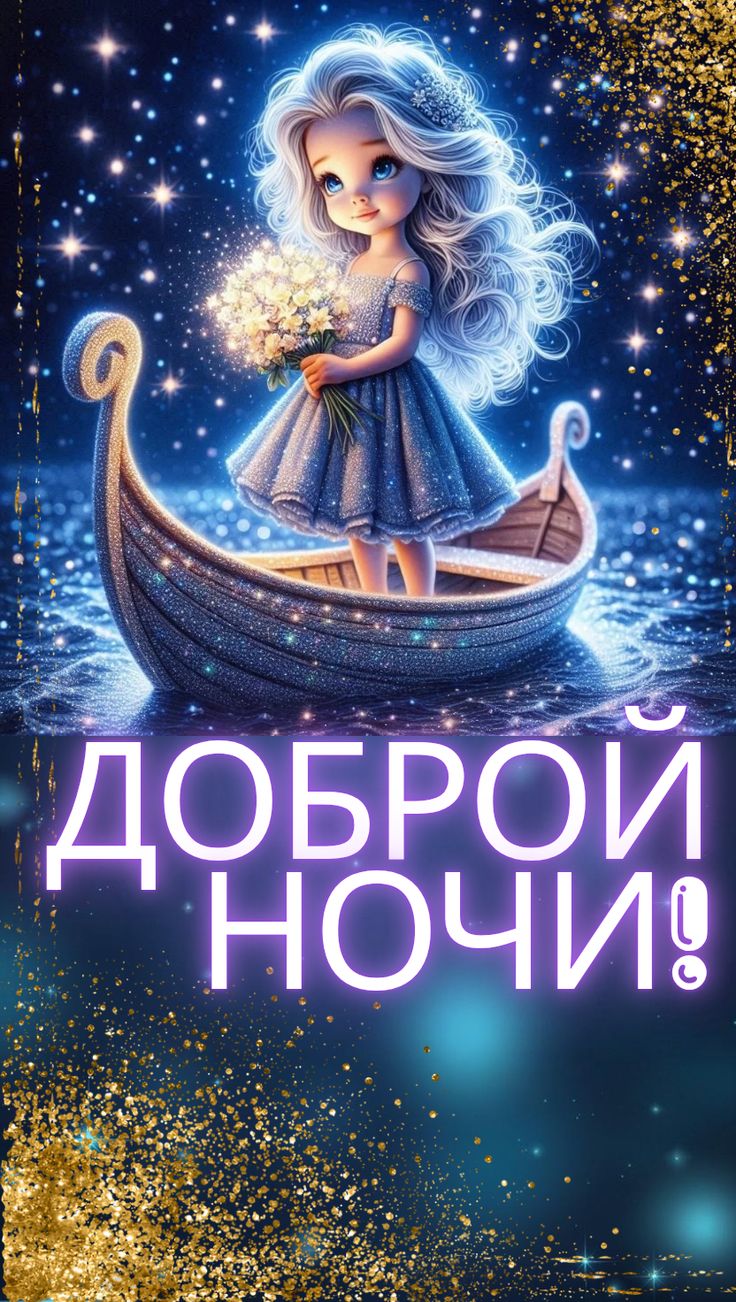 Открытка «Доброй ночи»: Спокойной и доброй ночи: Волшебная девочка в лодке.