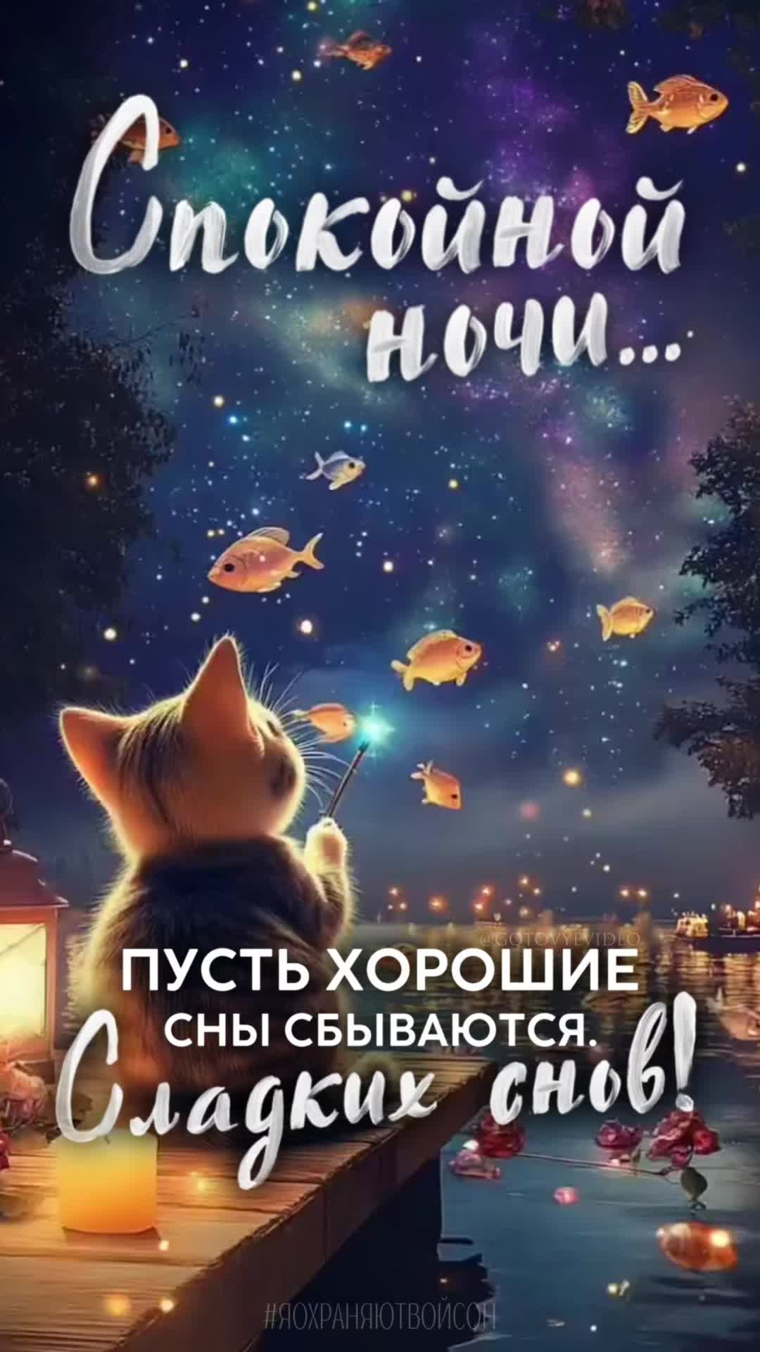 Открытка «Доброй ночи»: Спокойной ночи: Волшебный кот и золотые рыбки. Тэги: Спокойной ночи, Спокойной ночи, с пожела…