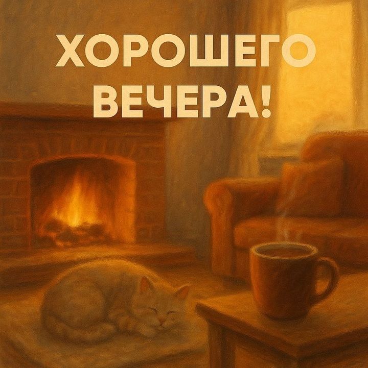Открытка «Доброго вечера и хорошего настроения»: Добрый вечер: уют у камина с котом и чашкой чая. Тэги: Добрый вечер…
