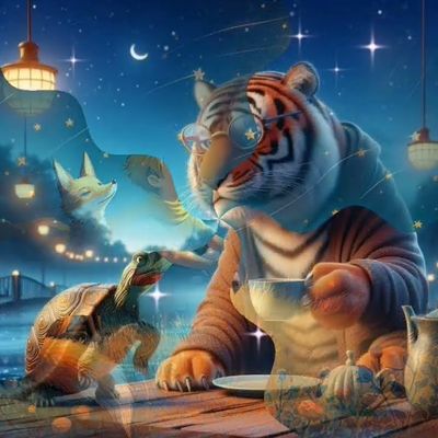 Открытка «Доброй ночи»: Спокойной ночи: Волшебное чаепитие с мудрым тигром. Тэги: Спокойной ночи, Спокойной ночи…