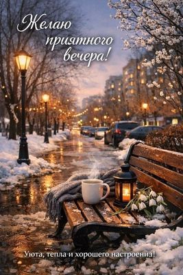 Открытка «Добрый вечер и пожелания»: Добрый вечер: приятный отдых в зимнем парке. Тэги: Добрый зимний вечер, Добрый в…