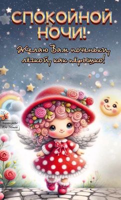 Открытка «Доброй ночи»: Спокойной ночи: милый ангел и пожелание доброй ночи. Тэги: Спокойной ночи, Спокойной ночи…