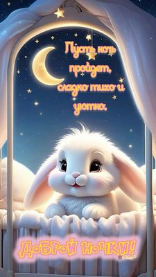 Открытка «Доброй ночи»: Доброй ночи: Милый зайка и пожелание сладких снов. Тэги: Спокойной ночи, Спокойной ночи…