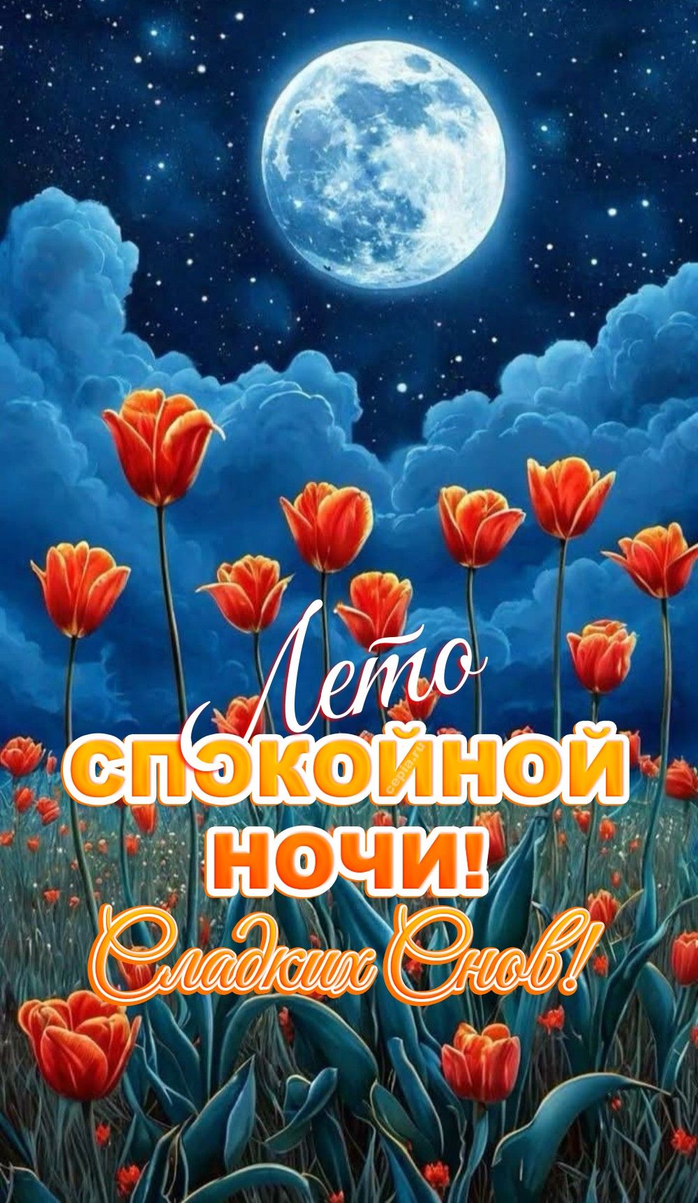 Открытка «Доброй ночи»: Спокойной ночи: лето, тюльпаны и полная луна. Тэги: Спокойной ночи, Спокойной ночи, красивые…