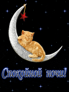 Открытка «Доброй ночи»: Доброй ночи: милый рыжий кот на месяце. Тэги: Спокойной ночи, Спокойной ночи, с пожеланиями…
