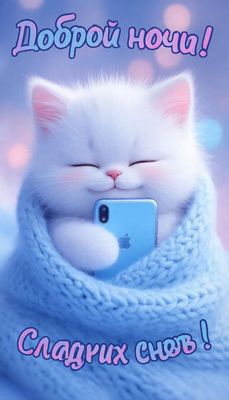 Открытка «Доброй ночи»: Доброй ночи: Белый котенок со смартфоном. Тэги: Спокойной ночи, Спокойной ночи, с пожеланиями…