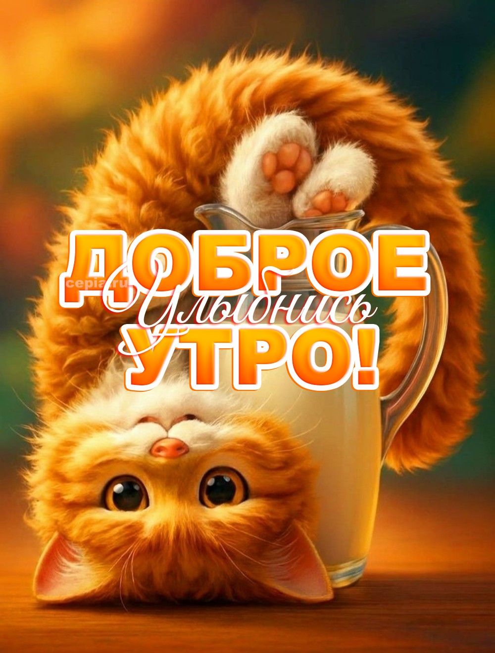 Открытка «С добрым утром»: С добрым утром: прикольный рыжий кот для настроения. Тэги: С добрым утром, для поднятия на…