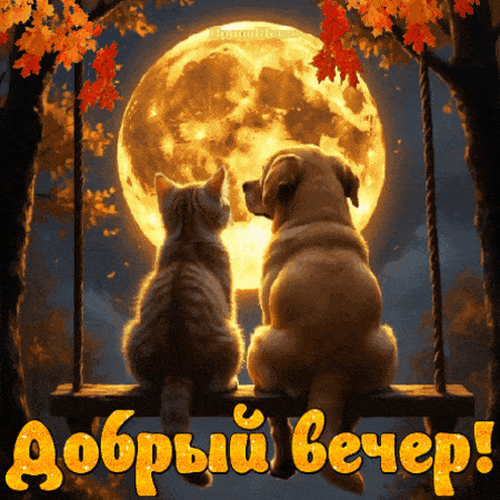 Открытка «Добрый вечер и пожелания»: Добрый вечер! Кот и собака на фоне большой луны. Тэги: Доброго вечера и хорошего…