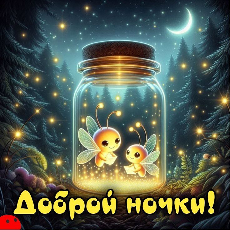 Открытка «Доброй ночи»: Доброй ночи: Волшебные светлячки в лесу. Тэги: Спокойной ночи, Спокойной ночи, с пожеланиями…