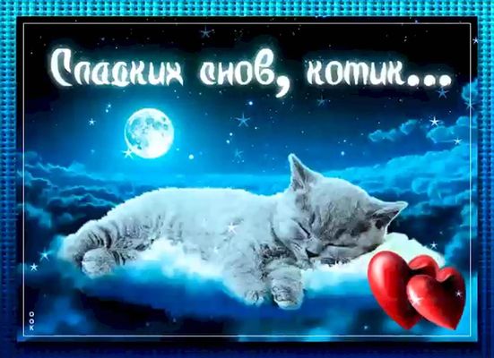 Открытка «Доброй ночи»: Доброй ночи: Сладких снов, котик с сердечками. Тэги: Спокойной ночи, Спокойной ночи, с пожела…