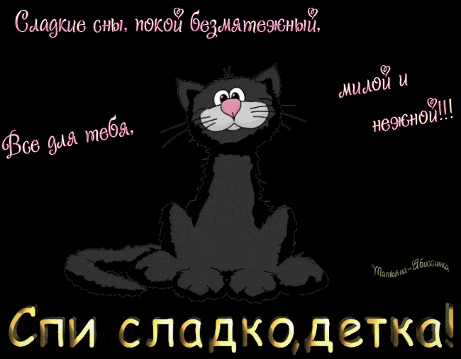 Открытка «Доброй ночи»: Доброй ночи: милый черный кот и пожелание снов.