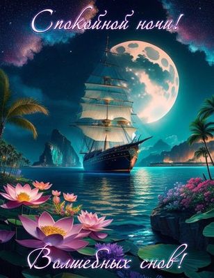 Открытка «Доброй ночи»: Доброй ночи: Волшебных снов на фоне океана. Тэги: Спокойной ночи, ночной, Спокойной ночи…