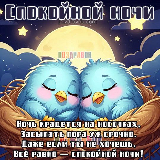 Открытка «Доброй ночи»: Спокойной ночи: милые птички в гнезде. Тэги: Спокойной ночи, Спокойной ночи, с пожеланиями…
