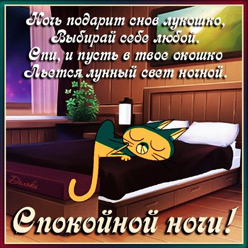 Открытка «Доброй ночи»: Спокойной ночи: стильное пожелание и милый спящий кот. Тэги: Спокойной ночи, Спокойной ночи…