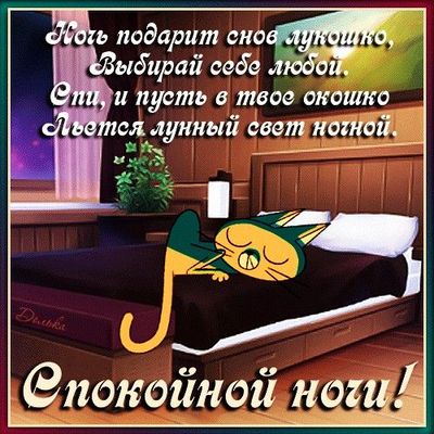 Открытка «Доброй ночи»: Спокойной ночи: стильное пожелание и милый спящий кот. Тэги: Спокойной ночи, Спокойной ночи…