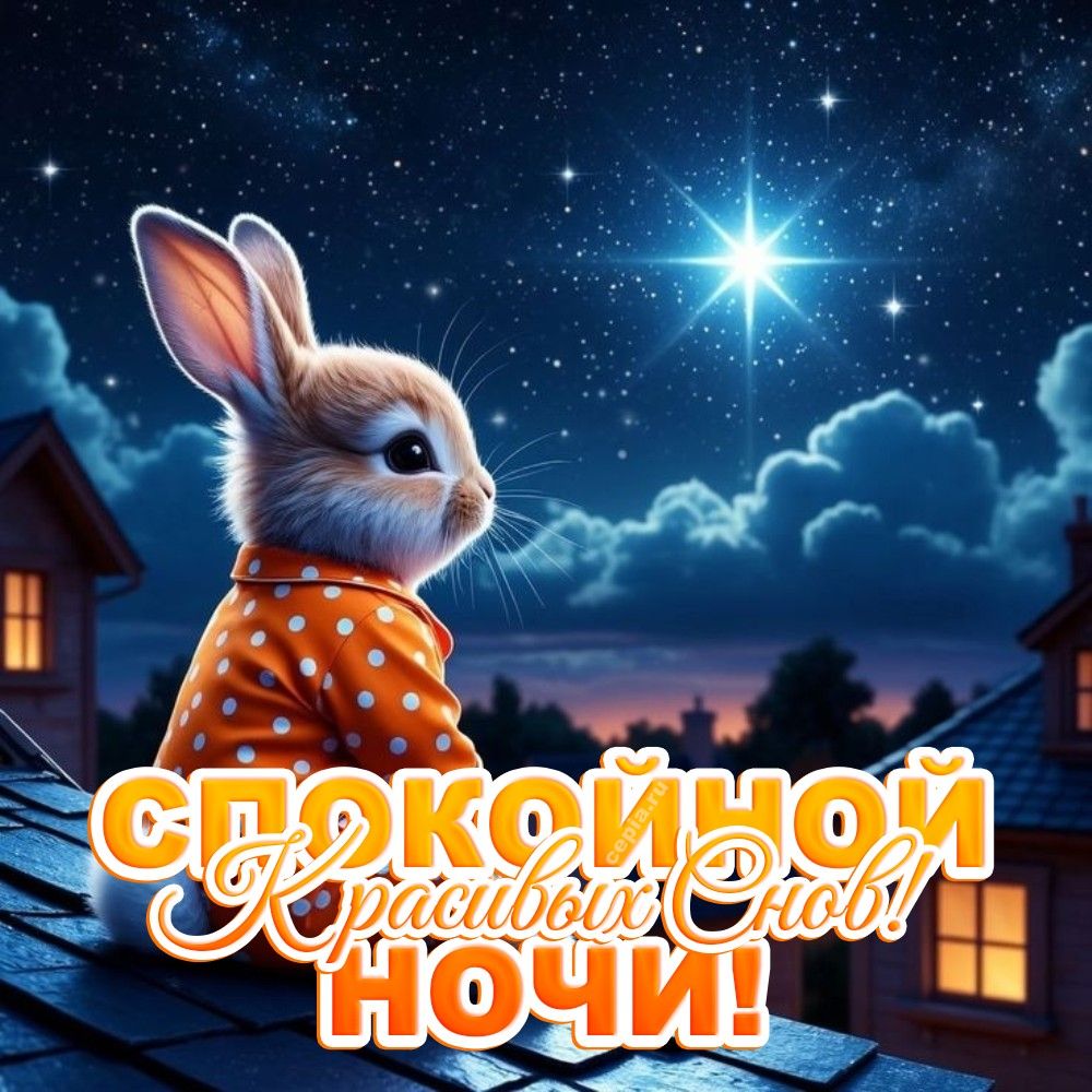 Открытка «Доброй ночи»: Спокойной ночи: Кролик под звездным небом. Тэги: Спокойной ночи, Доброй и спокойной ночи…