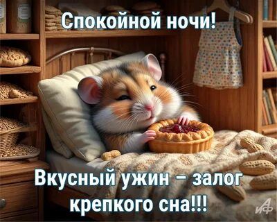 Открытка «Доброй ночи»: Спокойной ночи: Вкусный ужин с милым хомячком. Тэги: Спокойной ночи, Спокойной ночи, с пожела…