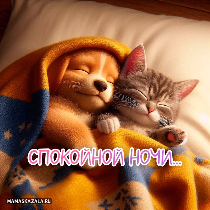 Открытка «Доброй ночи»: Спокойной ночи: Спящие котенок и щенок под одеялом. Тэги: Спокойной ночи, Спокойной ночи…