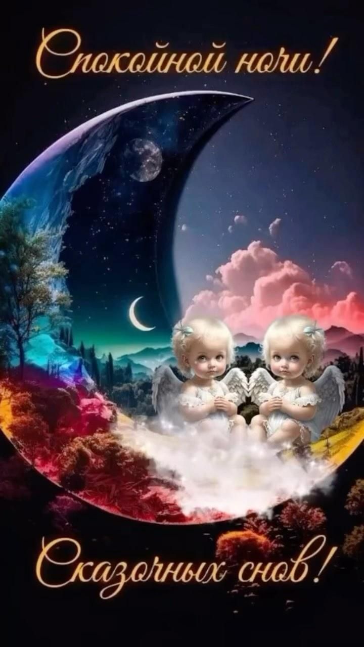 Открытка «Доброй ночи»: Спокойной ночи: Сказочных снов с ангелами на месяце. Тэги: Спокойной ночи, Спокойной ночи…