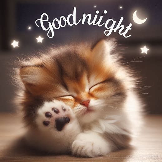 Открытка «Доброй ночи»: Спокойной ночи: милый котенок и звездное небо. Тэги: Спокойной ночи, Спокойной ночи, с пожела…