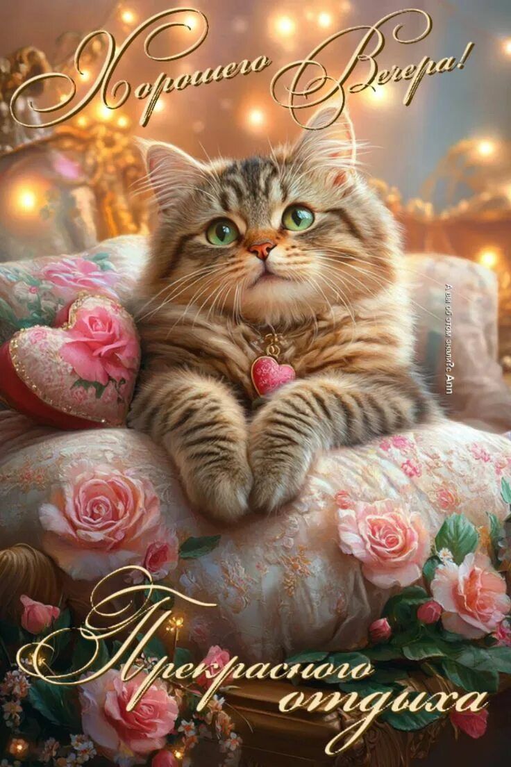 Открытка «Добрый вечер и пожелания»: Добрый вечер и хорошего отдыха с милым котом. Тэги: Доброго вечера и хорошего на…