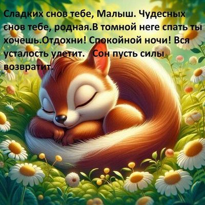 Открытка «Доброй ночи»: Спокойной ночи: милый лисенок в ромашках. Тэги: любимая женщина